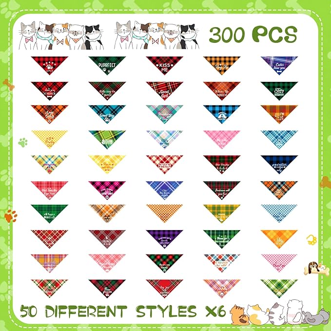 Kacctyen 300 Pcs Dark Plaid Dog Bandanas Bulk for Groomers Pet Scarf Puppy Bibs with Cute Sayings Adjustable Washable Pet Spring Summer Accessories for Small to Large Dogs Cats