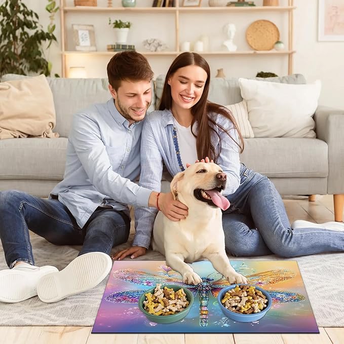 Dragonfly Dog Food Mat for Floors Absorbent, Quick Dry Water Dispenser Mat for Food, Water, Pet Supplies 17" x 30", Floral