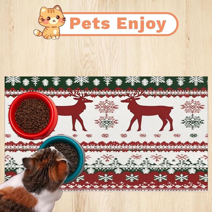 Christmas Elk Dog Food Mat for Floors Absorbent, Quick Dry Water Dispenser Mat for Food, Water, Pet Supplies 12" x 20", Xmas