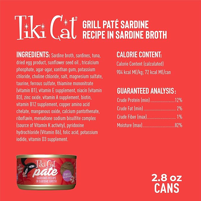 Tiki Cat Grill Pâté, Sardines, High-Protein and 100% Non-GMO Ingredients, Wet Finely Minced Cat Food for All Life Stages, 2.8 oz. Cans (Pack of 12)