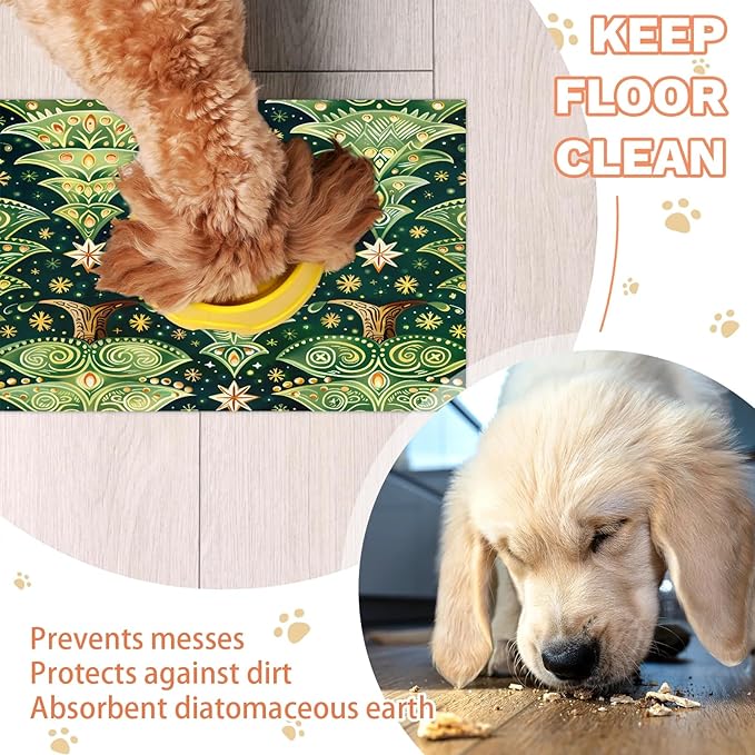 Christmas Tree Dog Food Mat for Floors Absorbent, Quick Dry Water Dispenser Mat for Food, Water, Pet Supplies 17" x 30", Snowflake Star