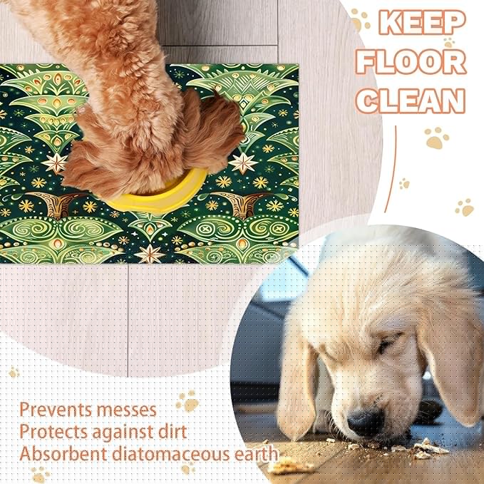 Christmas Tree Dog Food Mat for Floors Absorbent, Quick Dry Water Dispenser Mat for Food, Water, Pet Supplies 24" x 32", Snowflake Star