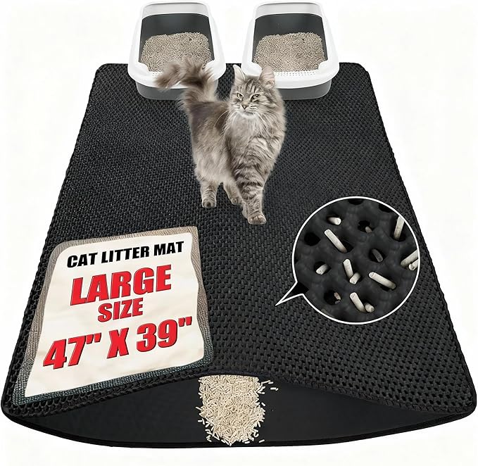 Cat Litter Mat XXL(47" x 39") - Large, Double-Layer, Non-Toxic, Easy Clean, Durable, Black