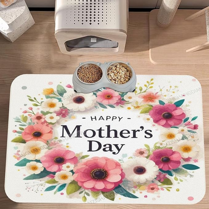 Pet Feeding Mat Happy Mother's Day Floral Gift Mom Dq Dog Food Mat for Food Water No Stains Quick Dry Dispenser Cat Bowl Mats for Messy Drinkers 24x16In