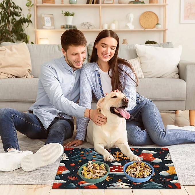 Merry Christmas Dog Food Mat for Floors Absorbent, Quick Dry Water Dispenser Mat for Food, Water, Pet Supplies 16" x 24", Sock Ball