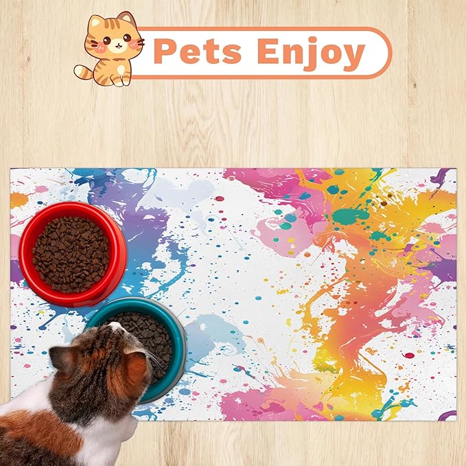 Colorful Graffiti Dog Food Mat for Floors Absorbent Dog Bowl Mat for Food and Water Dispenser Quick Dry Cat Food Placemat Pet Supplies 12" x 20", Rainbow Abstract