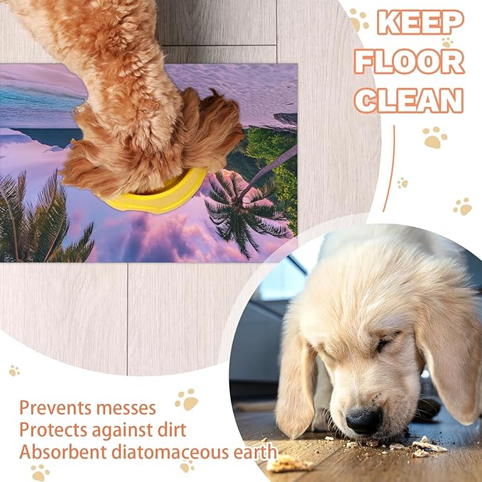 Ocean Beach Dog Food Mat for Floors Absorbent, Quick Dry Water Dispenser Mat for Food, Water, Pet Supplies 17" x 30", Hawaiian Sunrise
