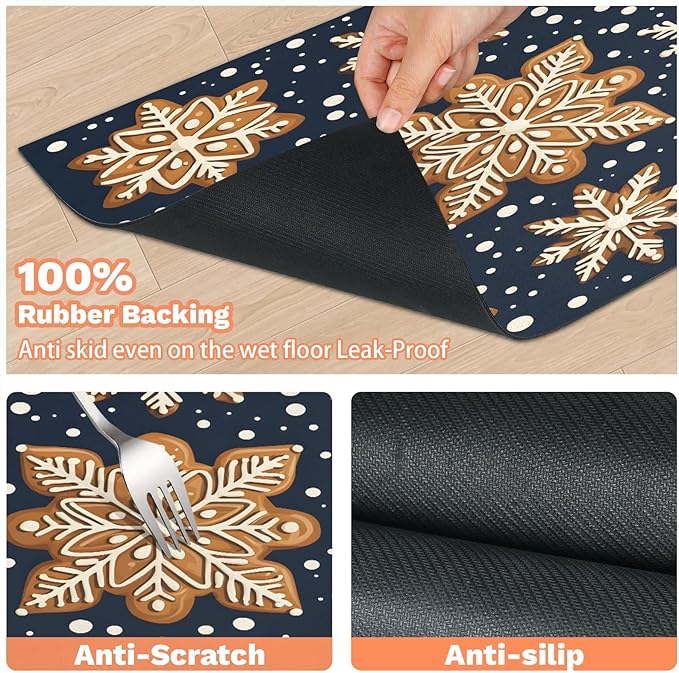 Gingerbread Snow Dog Food Mat for Floors Absorbent, Quick Dry Water Dispenser Mat for Food, Water, Pet Supplies 17" x 30", Snowflake