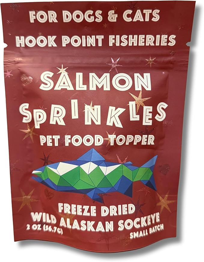 Salmon Sprinkles, Dog and Cat Food Topper, Sockeye Salmon, Freeze-Dried, Omega-3 Rich, Single Ingredient, Grain-Free, Made in USA