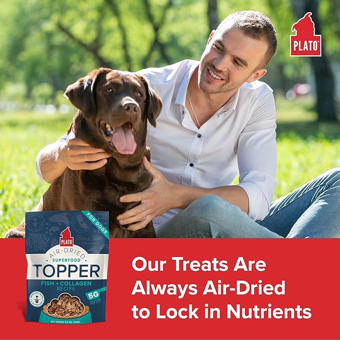 Plato Pet Treats Dog Food Toppers - Air-Dried Dog Food Toppers for Dry Food - with Collagen to Support Skin and Coat Health - Fish and Collagen Recipe 12oz