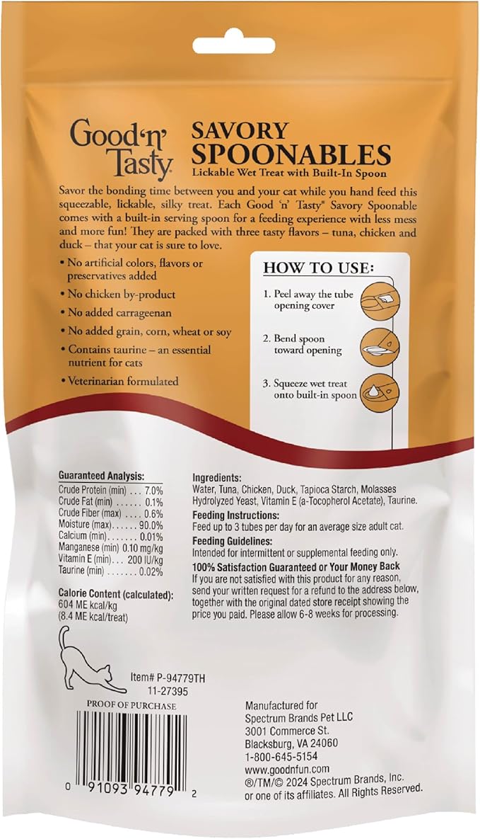 Good 'n' Tasty Savory Spoonables with Real Tuna, Chicken and Duck for Cats, 10 Count, Treat Your Cat to Triple Flavor Squeezable Lickable Wet Treats with Built-in Spoon for Less Mess