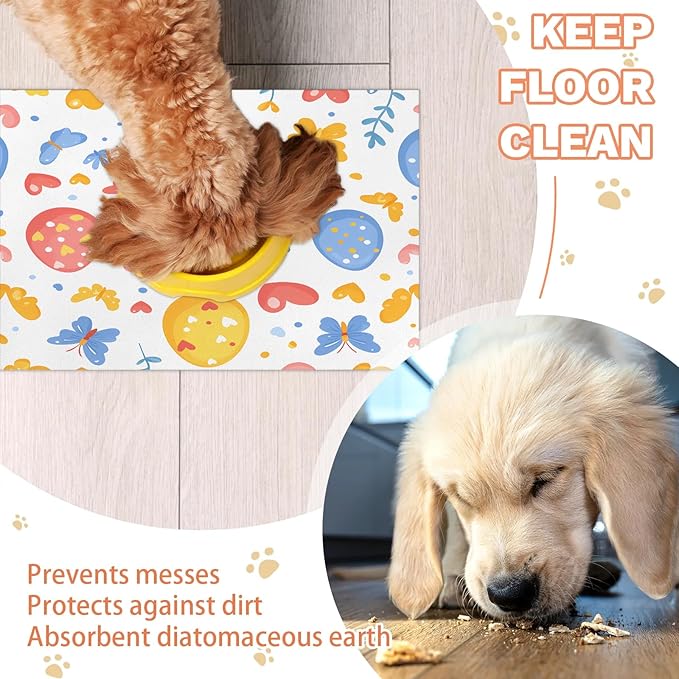 Easter Egg Dog Food Mat for Floors Absorbent Dog Bowl Mat for Food and Water Dispenser Quick Dry Cat Food Placemat Pet Supplies 12" x 20", Colorful Butterfly