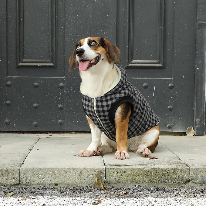 Fleece Lining Dog Hoodie for Medium Dogs Extra Warm Plaid Sweater with Drawstring Hooded Coats in Winter Doggie Jacket,Black XL