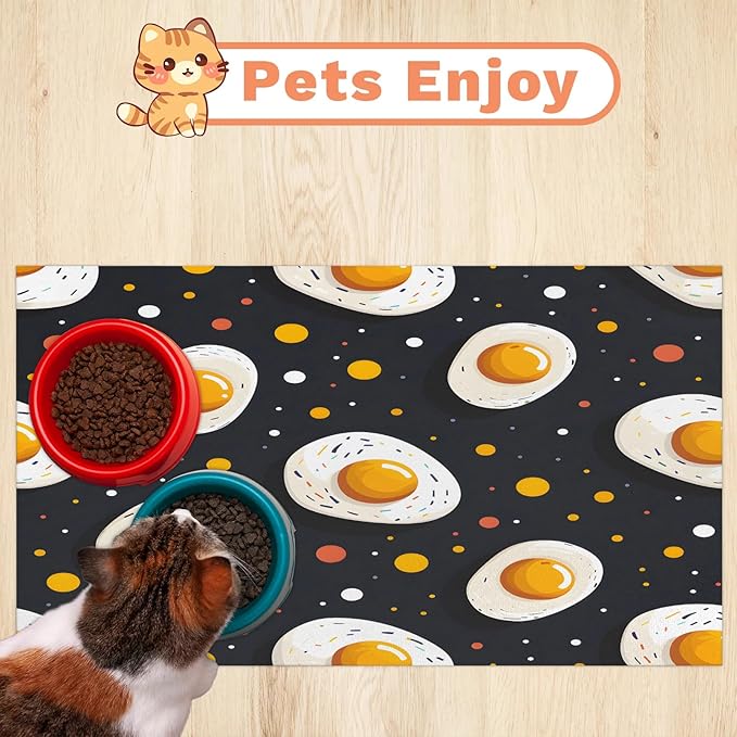 Egg Print Dog Food Mat for Floors Absorbent Dog Bowl Mat for Food and Water Dispenser Quick Dry Cat Food Placemat Pet Supplies 16" x 24", Cartoon Eggs