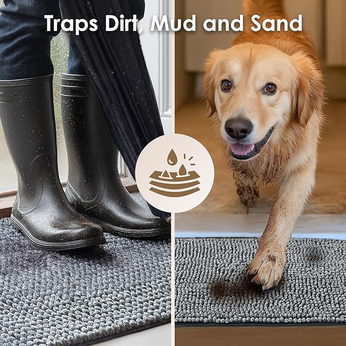 EHEYCIGA Super Absorbent Dog Door Mat for Muddy Paws 36x24 Inch Indoor, Front Doormat Outside Entrance, Quick Dry Chenille Washable Dog Crate Bed, Non-Slip Pet Rug Mud Mat Outdoor Entryway, Grey
