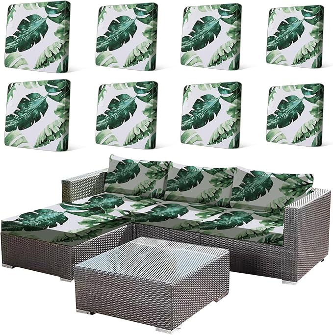 HANDONTIME 8Pcs Outdoor Patio Cushion Covers Green Leaves Stretch Couch Cushion Cover Patio Couch Slipcover for Outdoor/Indoor Washable Non-Slip Furniture Protector for Pet (Tropical Leaf,Cover Only)