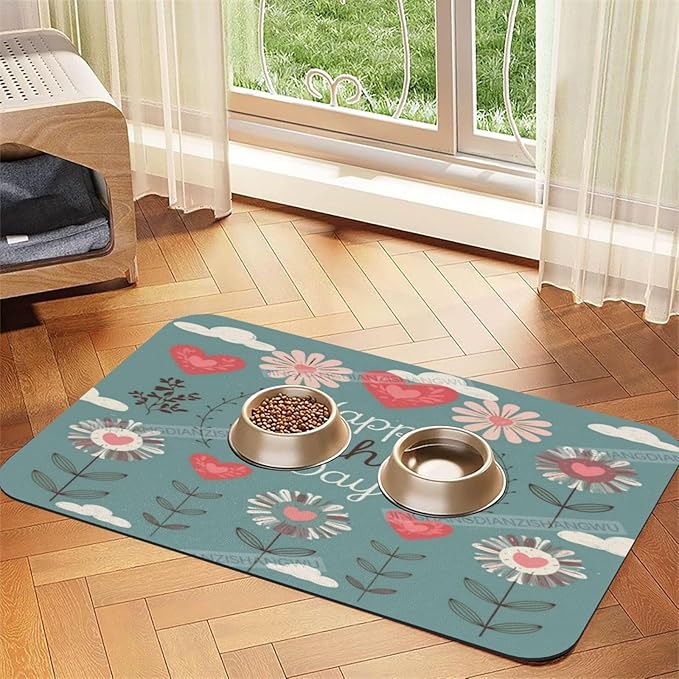 Absorbent Dog Water Cat Mat for Food Water Bowl Quick Dry Happy Mother's Day Floral Gift for Mom F Pet Feeding Mats No Stains Dog Food Mat Pet Accessories Supplies Cat Bowl Mats 18X12In