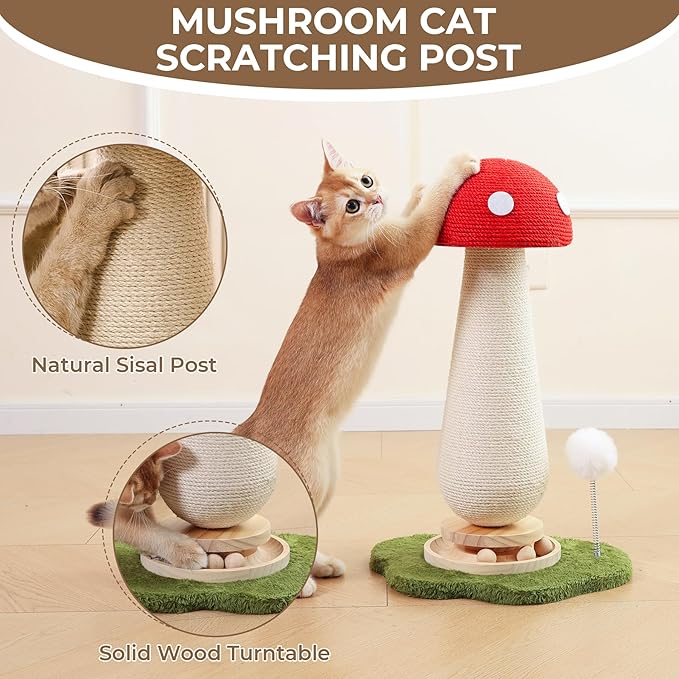 Mushroom Cat Scratching Post with Interactive Ball Track Spring Ball Cat Toys, 21.2" Cat Sisal Scratcher Tree for Indoor Cats, Red