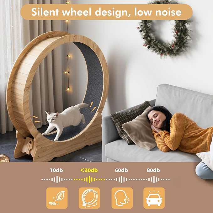 Cat Exercise Wheel, 46'' Cat Wheel for Indoor Cats with Carpeted Runway, XL Treadmill with Removable Carpet and Teaser, for Running Walking Training (Natural Wood)