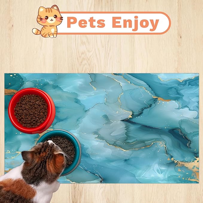 Blue Marble Dog Food Mat for Floors Absorbent, Quick Dry Water Dispenser Mat for Food, Water, Pet Supplies 16" x 24", Abstract