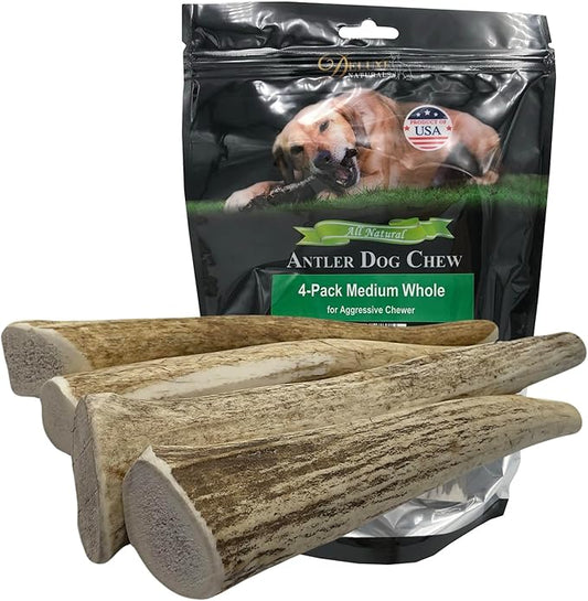 4-Pack Medium Whole Elk Antler Dog Chews, 5.5 to 8+ Inch Natural Long-Lasting Chew Bones for Small and Medium Dogs Under 40 lbs, Teeth Cleaning and Tartar Control