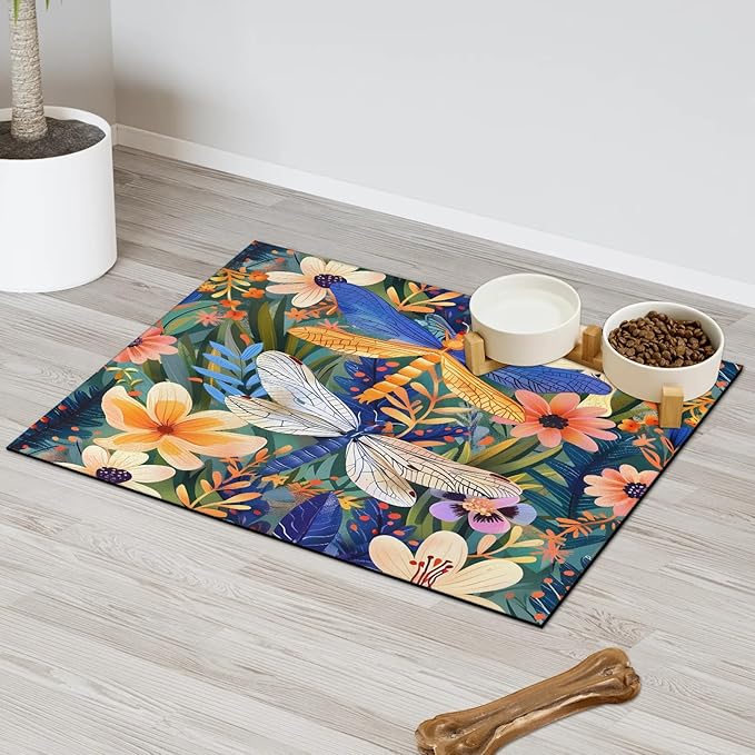 Floral Dragonfly Dog Food Mat for Floors Absorbent, Quick Dry Water Dispenser Mat for Food, Water, Pet Supplies 17" x 30", Wildflower Plant