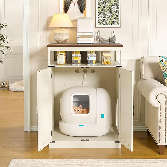 Large Litter Box Furniture with Charging Station and Shelves, Wooden Cat Litter Box Enclosure for Self-Cleaning Litter Boxes, White