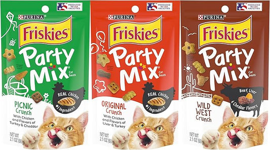 Friskies Purina Party Mix Cat Treats Variety Pack, 1 Pouch Picnic Crunch, 1 Pouch Original Crunch, 1 Pouch Wild West Crunch, 2.1 Ounce Pouches (Pack of 3)