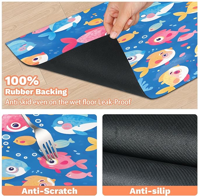 Cute Fish Dog Food Mat for Floors Absorbent Dog Bowl Mat for Food and Water Dispenser Quick Dry Cat Food Placemat Pet Supplies 17" x 30", Ocean