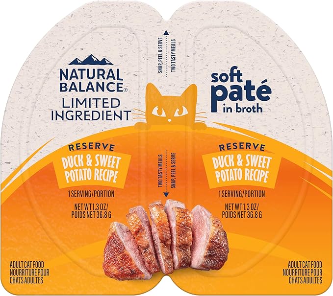Natural Balance Limited Ingredient Reserve Split Cup Duck & Sweet Potato Soft Pate Wet Cat Food Recipe for Sensitive Stomachs and for Healthy Digestion, 2.6 oz. (Pack of 10)