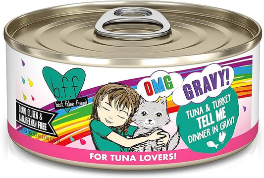 Weruva B.F.F. OMG - Best Feline Friend Oh My Gravy!, Tuna & Turkey Tell Me with Tuna & Turkey, 5.5oz Can (Pack of 8)