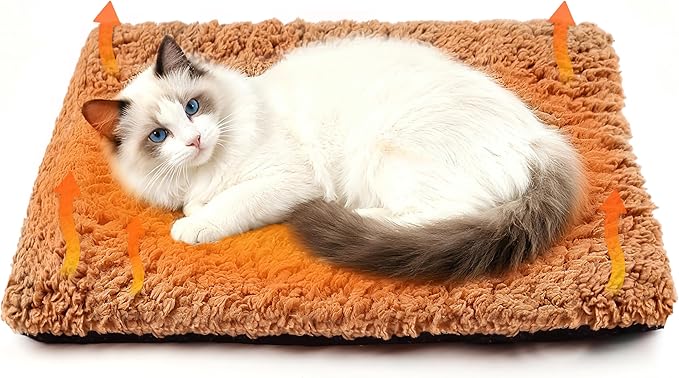 PatiencET Self Warming Cat Bed for Indoor Cats 14'' x 20'' - Cozy Fleece Heating Pad, Non-Electric Thermal Mat for Small Pets, Washable Soft Cushion for Winter Comfort and Warmth Khaki