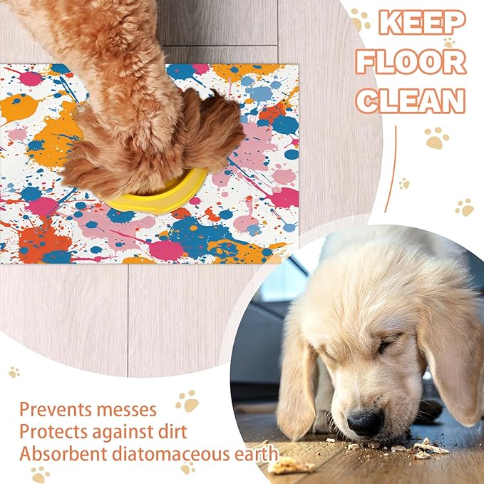 Colorful Graffiti Dog Food Mat for Floors Absorbent Dog Bowl Mat for Food and Water Dispenser Quick Dry Cat Food Placemat Pet Supplies 17" x 30", Rainbow