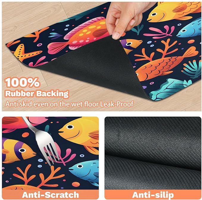 Fish Dog Food Mat for Floors Absorbent Dog Bowl Mat for Food and Water Dispenser Quick Dry Cat Food Placemat Pet Supplies 17" x 30", Coral
