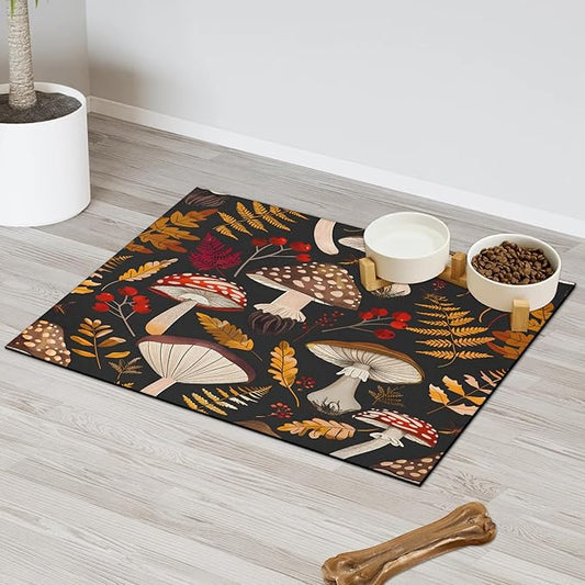 Autumn Mushroom Dog Food Mat for Floors Absorbent Dog Bowl Mat for Food and Water Dispenser Quick Dry Cat Food Placemat Pet Supplies 16" x 24", Fall Maple Leaf