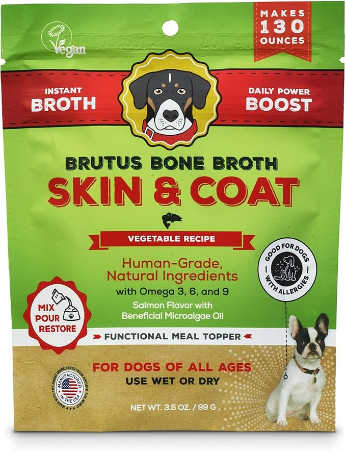 Brutus Broth Dog Food Topper - Vegetable Instant Broth Powder for Adult Dogs’ Skin & Coat - Made with Natural Ingredients - Serve Dry or Wet - Vegetable Flavor - 3.5 oz Pack (Makes 130 oz with Water)