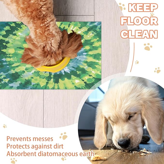 Tie Dye Dog Food Mat for Floors Absorbent, Quick Dry Water Dispenser Mat for Food, Water, Pet Supplies 12" x 20", Green Abstract