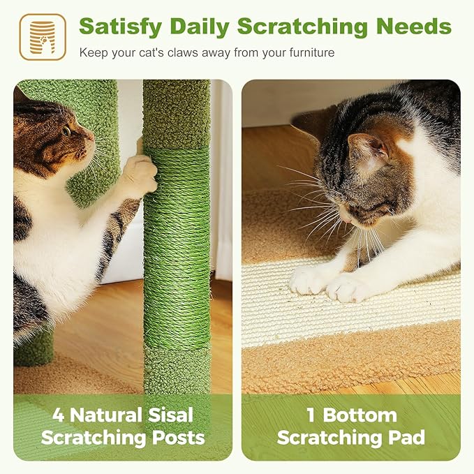 Cactus Cat Tree for Indoor Cats, 62" Multi-Level Cat Tower with 2 Spacious Condos, Scratching Pad, 4 Cat Scratching Posts, 2 Top Perches, 2 Pompoms, Green
