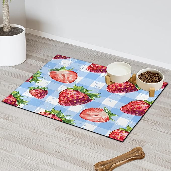 Strawberry Fruit Dog Food Mat for Floors Absorbent Dog Bowl Mat for Food and Water Dispenser Quick Dry Cat Food Placemat Pet Supplies 17" x 30", Buffalo Check