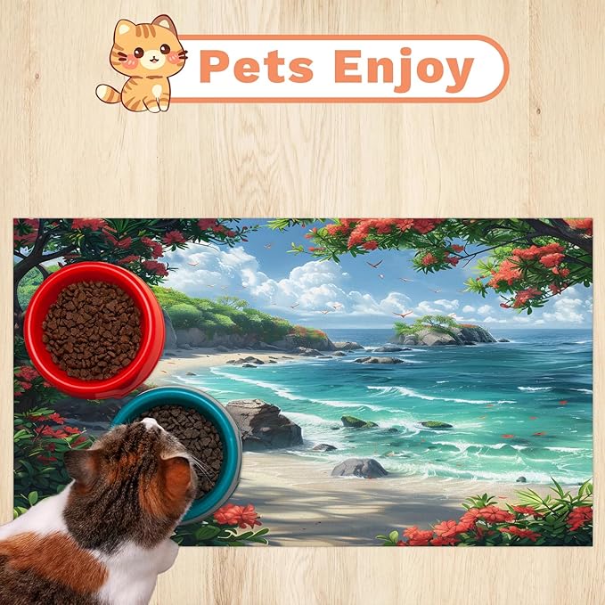 Sea Ocean Dog Food Mat for Floors Absorbent, Quick Dry Water Dispenser Mat for Food, Water, Pet Supplies 17" x 30", Hawaiian Beach