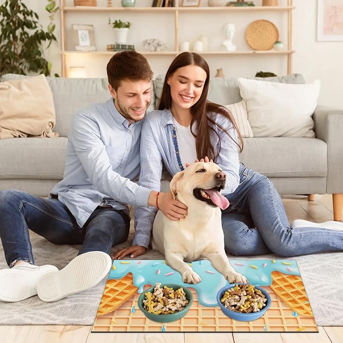 Ice Cream Dog Food Mat for Floors Absorbent Dog Bowl Mat for Food and Water Dispenser Quick Dry Cat Food Placemat Pet Supplies 24" x 32", Waffle