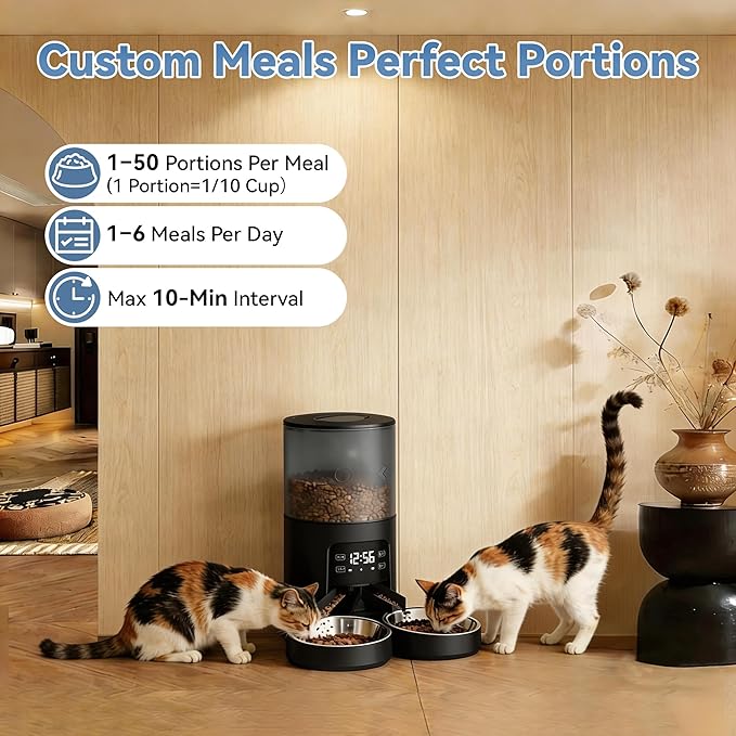 DUMOS Automatic Cat Feeder for 2 Cats, 6L Timed Cat Food Dispenser with 2 Stainless Bowls, 10s Voice Recorder, Dual Power Supply, 6 Meals 50 Portions Per Day, Dual Pet Feeder for Cat and Dog, Black