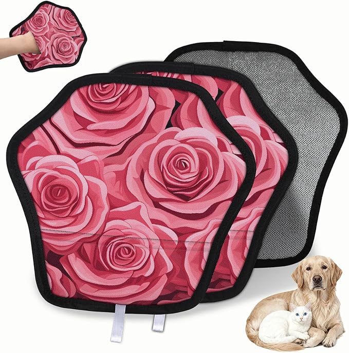 Reusable Pet Hair Removal Glove Flower Roses Magic Brush for Cat & Dog Hair Remover for Car, Sofa, Bedding, Clothes - 9x9 Mitt Washable