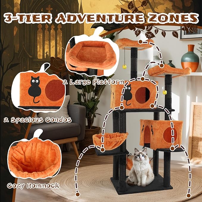 61" Halloween Cat Tree, Large Cat Tower with 2 Spacious Cat Condos, 2 Padded Perches, 2 Hammocks, Scratching Posts, Hanging Toy, Multi-Level Cat Activities Furniture for Large Cats (58 * 44 * 155CM)
