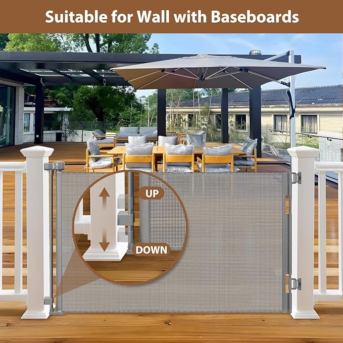 100" Wide Weatherproof Outdoor Retractable Dog Gate with No Rust Screws and Rods, Waterproof 8 Ft Retractable Baby Gates Extra Wide, Scratch-Resistant Mesh Long Baby Gates Indoor Extra Long, Gray