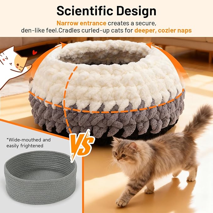 Rondo Cat Nest Handwoven Washable Cat Nest Bed Extra Soft Round Cave House Furniture for Indoor Kitten Cloud Black, White&Gray