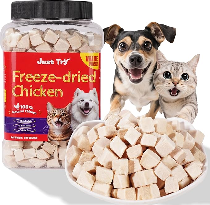 Just Try 7.04 oz Freeze Dried Chicken Cat & Dog Treats Food Topper Raw Single Ingredient High Protein Grain Free Healthy Dog Training Treats