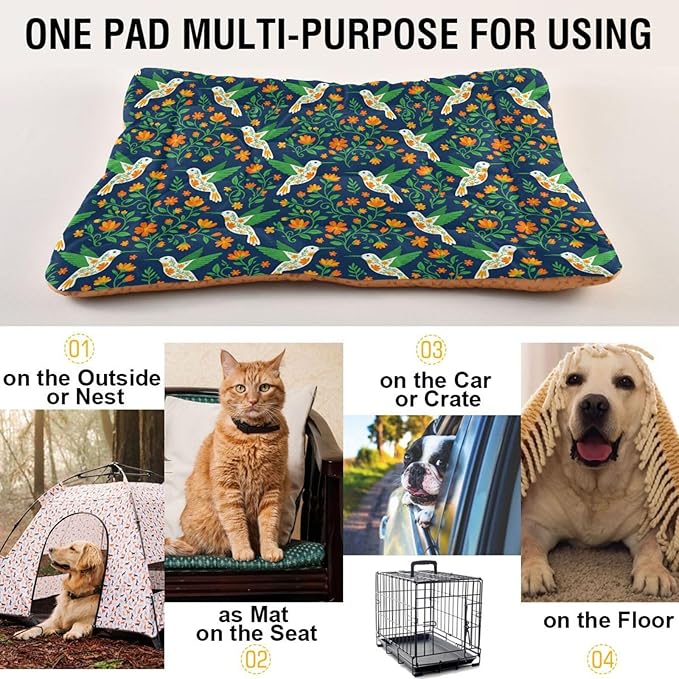 Dog Bed for Crate Washable Pet Sleep Pad, Floral Print Kennel Mat with Non-Slip Bottom, Soft Fluffy Supplies Pet for Dogs and Cats (36x24 inch)