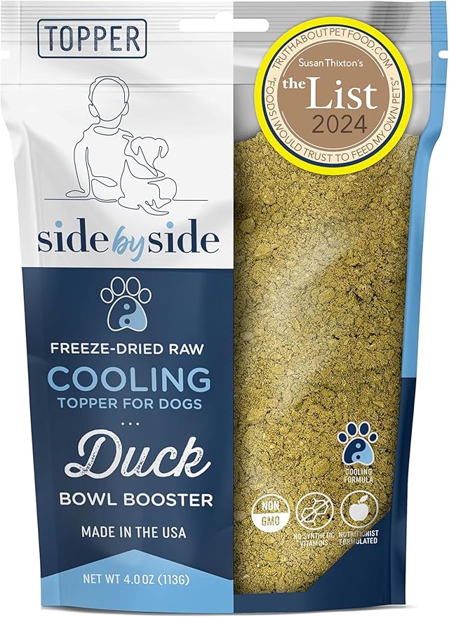 Side by Side Duck Bowl Booster - Cooling Freeze-Dried Dog Food Topper for All Breeds - Made with Nutrients & Whole Raw Foods Toppers for Dogs - No Artificial Additives or Fillers (4 oz.,2-Pack)