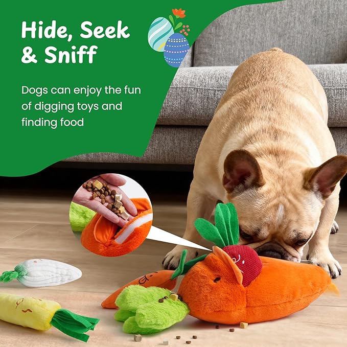 Nocciola Easter Plush Carrot Dog Toy Set – Spring Hide & Seek 5 Mini Carrots Inside a Large Plush Carrot with Squeaky & Crinkle Sounds for Small to Large Breed for Dogs